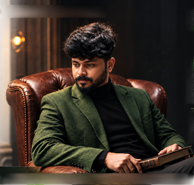 Santhosh Sivashanmugam, seated in a leather armchair with a book