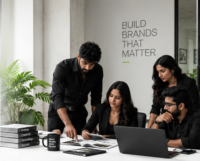 The SAN Media Solution team working together over a laptop, beneath the words Build Brands That Matter