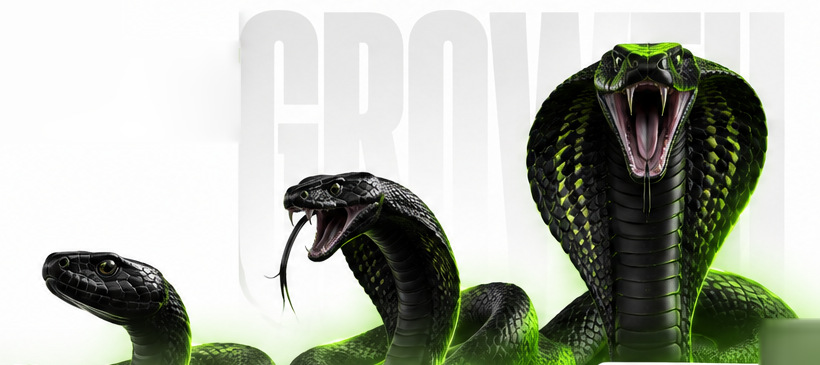 Three snakes — a smooth green snake, a striking viper and a king cobra — rising in front of the word Growth